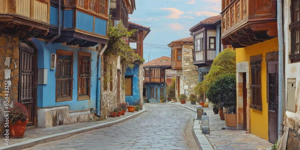 Fototapeta premium A charming street scene showcasing narrow cobblestone streets lined with colorful historic houses, creating a nostalgic and picturesque ambiance in this quaint village.