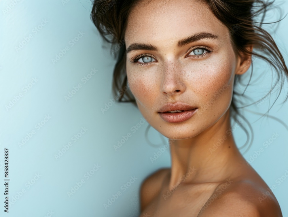 young woman with natural makeup, perfectly voluminous hair, facing the camera directly in a front view, in an upper body portrait, chest skin visible. young woman with natural makeup, perfectly voluminous hair, facing the camera directly in a front view, in an upper body portrait, chest skin visible.