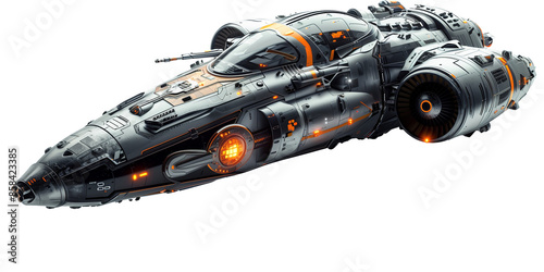 A sleek, futuristic spaceship with a black and orange color scheme, detailed with advanced panels and powerful thrusters. Ideal for sci-fi themes.






