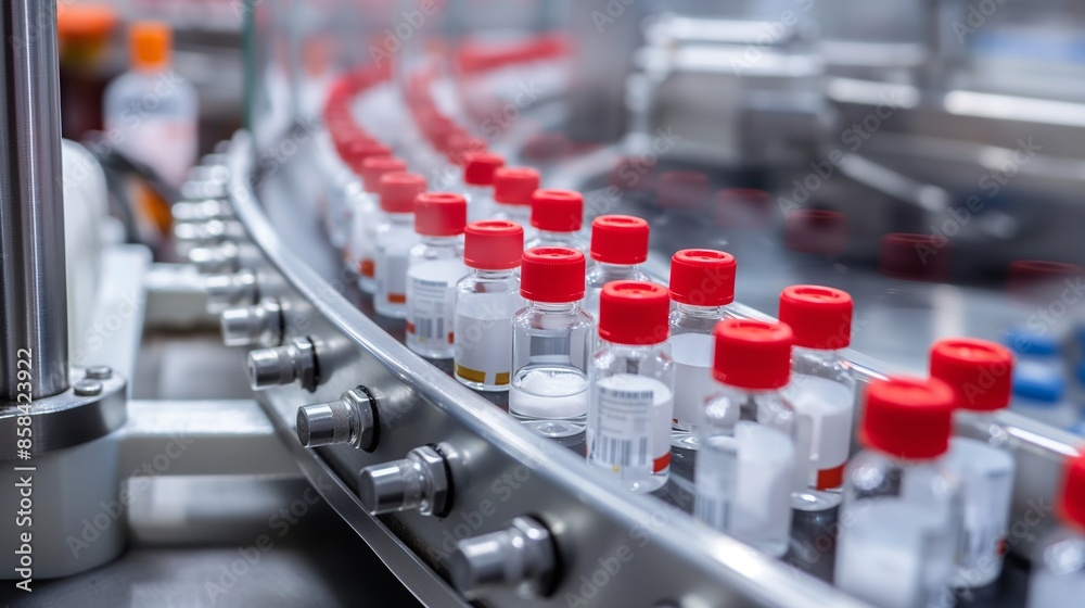 Fototapeta premium Close-up of medical vials moving on a conveyor belt in a state-of-the-art pharmaceutical production facility, with advanced machinery and sterile conditions.