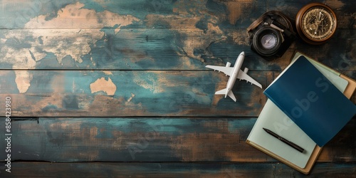 An overhead view of a wooden table with a map, toy airplane, notebook, pen, and compass suggesting travel planning. The setting is calm and organized.
