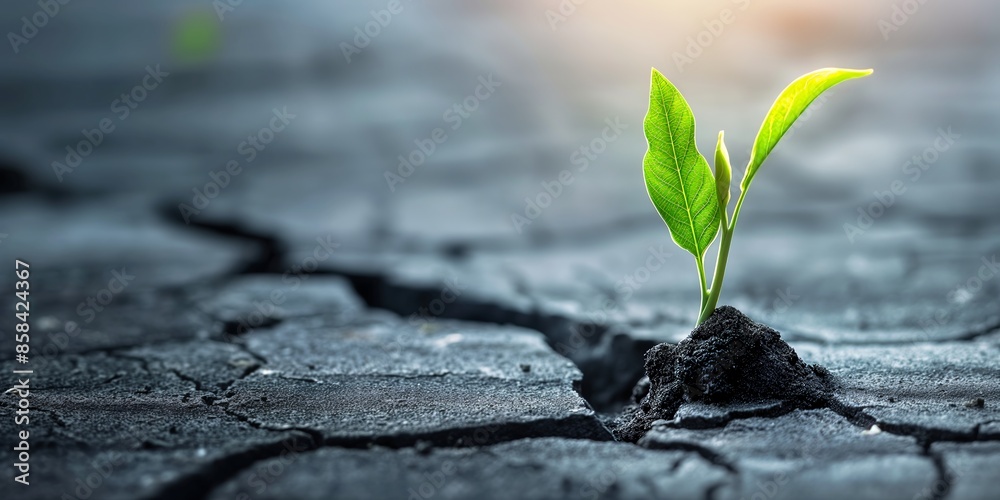 A resilient green plant is pushing through the cracked, dry ground, signifying persistence and hope even in harsh conditions, captured in a naturalistic setting. A resilient green plant is pushing through the cracked, dry ground, signifying persistence and hope even in harsh conditions, captured in a naturalistic setting.