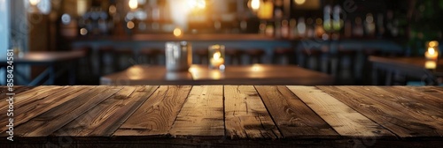 Bar. Wooden Table Background with Blurred Lights for Cafes and Eateries © Vlad