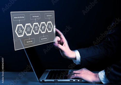 Concept of onboarding business processes. Businessmen ensure that new hires may quickly become productive members of their team by using laptops with virtual onboarding icons. photo