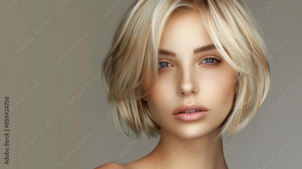 Beautiful Blonde Woman with Short Bob Haircut on Gray Background. Portrait of Attractive Adult Beauty Beautiful Blonde Woman with Short Bob Haircut on Gray Background. Portrait of Attractive Adult Beauty