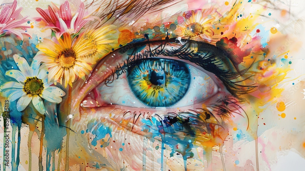 Fototapeta premium Paint, abstract, texture, watercolor, flowers, eyes