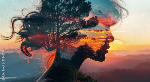 A woman's face is shown in a painting of a forest by AI generated image