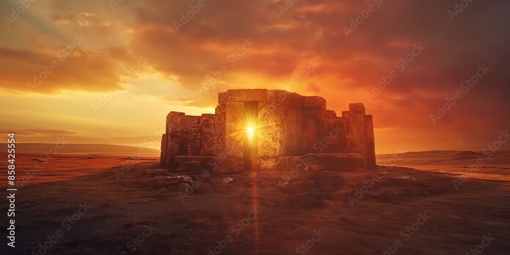 Obraz premium A stunning ancient stone structure illuminated by the setting sun, set against a serene and expansive landscape, creating a beautiful and peaceful sight.