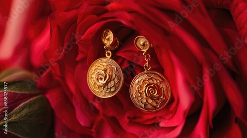 Antique gold earrings on a rose backdrop Bird s eye view photo