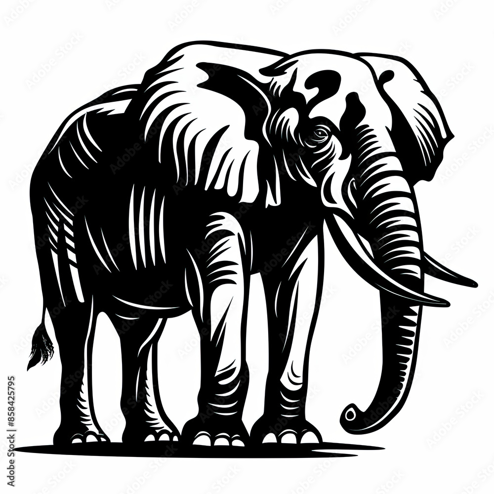 A black and white drawing of an elephant on a white background A black and white drawing of an elephant on a white background