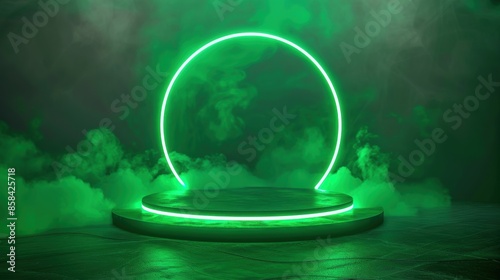Green neon circle display platform with smoke and fog © BraveSpirit