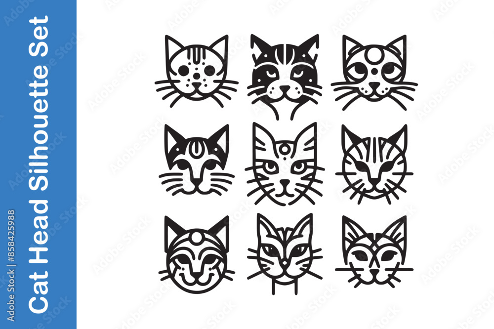 Fototapeta premium Cat Head Silhouette Set with editable vector
