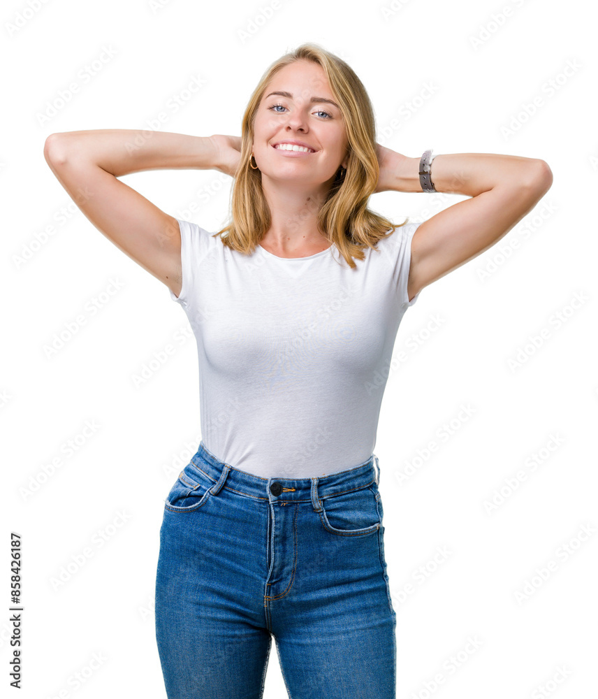 Fototapeta premium Beautiful young woman wearing casual white t-shirt over isolated background Relaxing and stretching with arms and hands behind head and neck, smiling happy