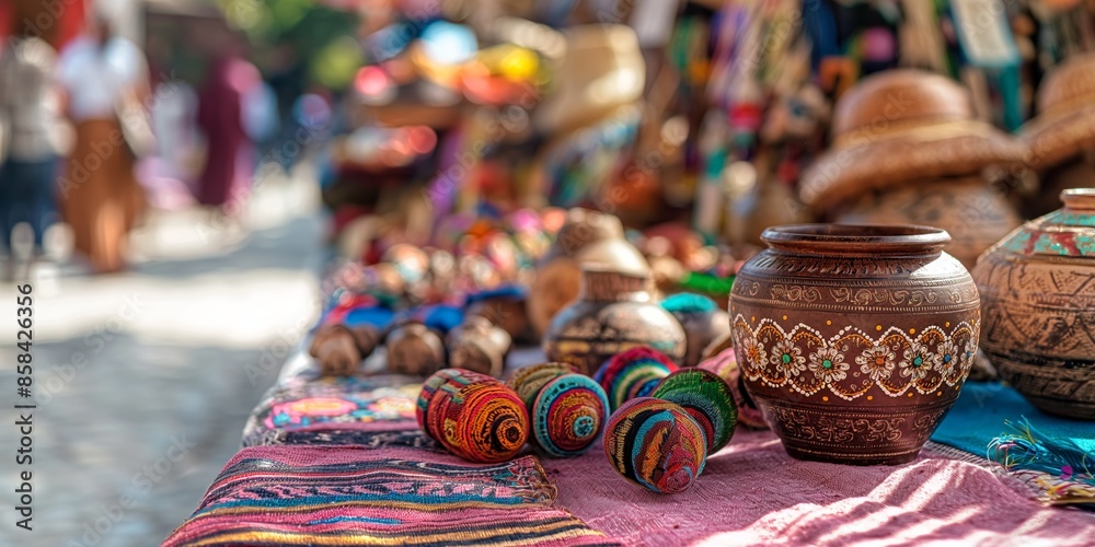A lively outdoor market scene with tables covered in textiles, showcasing colorful, intricate pottery pieces and various artisanal crafts, with people milling around. A lively outdoor market scene with tables covered in textiles, showcasing colorful, intricate pottery pieces and various artisanal crafts, with people milling around.