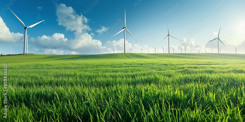 Numerous wind turbines are spread across a vast, lush green field under a bright blue sky, efficiently harnessing wind energy as a symbol of renewable and sustainable power. Numerous wind turbines are spread across a vast, lush green field under a bright blue sky, efficiently harnessing wind energy as a symbol of renewable and sustainable power.