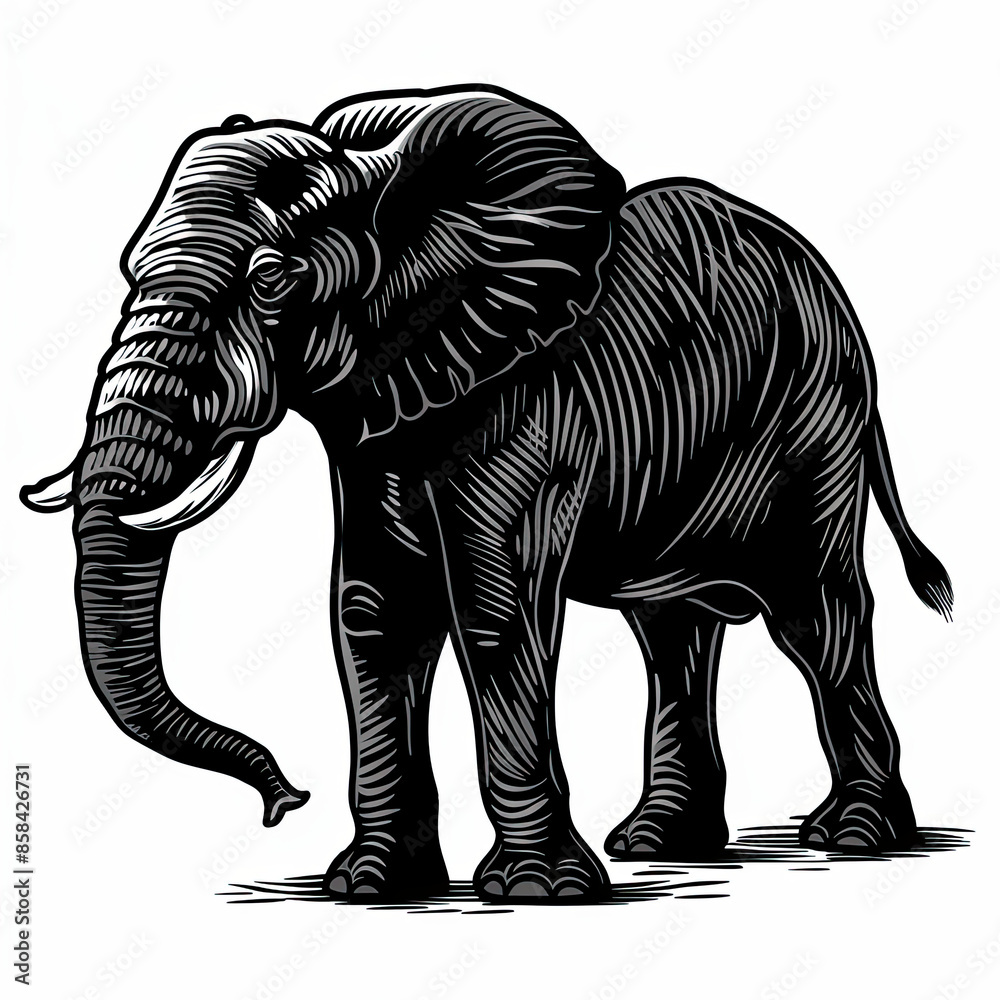 A black and white drawing of an elephant on a white background A black and white drawing of an elephant on a white background