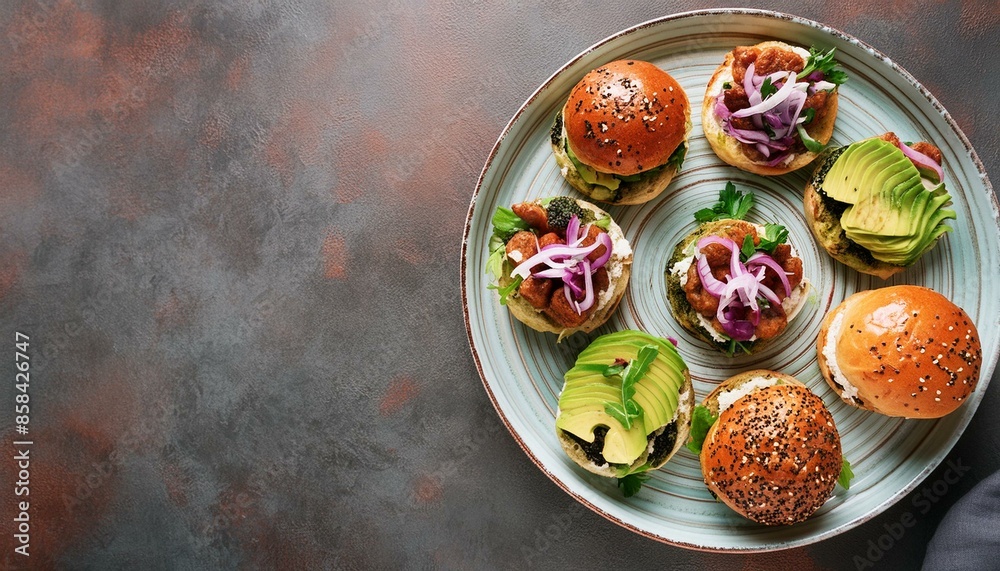 Depict a selection of gourmet burgers with unique toppings like blue cheese, caramelized onion