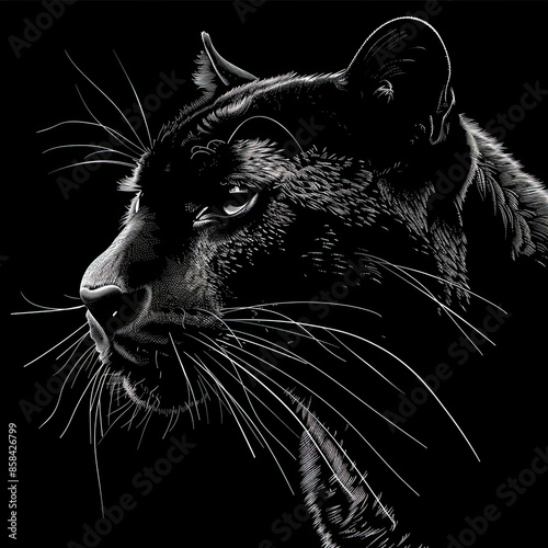 A black panther with white whiskers on a black background