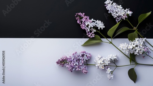 Lilac branches with flowers on a white and black backdrop ideal for spring Easter Mother s Day Women s Day and Valentine s Day cards top view with copy space photo