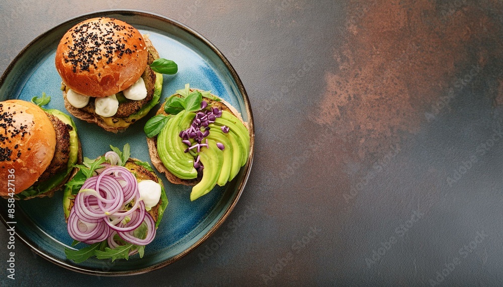 Depict a selection of gourmet burgers with unique toppings like blue cheese, caramelized onion Depict a selection of gourmet burgers with unique toppings like blue cheese, caramelized onion