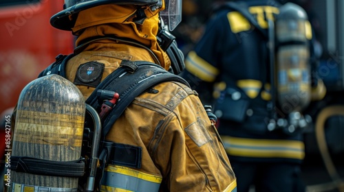 Firefighter uniform and equipment, showcasing the protective gear, tools, and insignia
