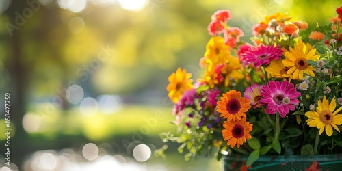 Wallpaper Mural An assortment of vibrant flowers including daisies, marigolds, and other bright blooms in full color, placed in a sunny garden, symbolizing cheerfulness and beauty. Torontodigital.ca