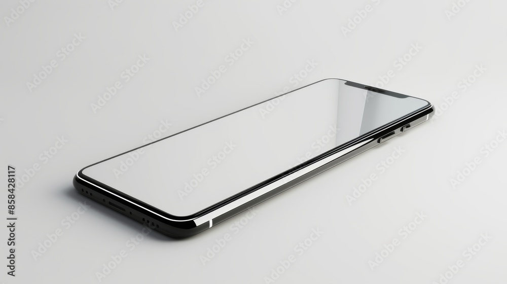 Modern smartphone with a blank screen, positioned against a clean white background Modern smartphone with a blank screen, positioned against a clean white background