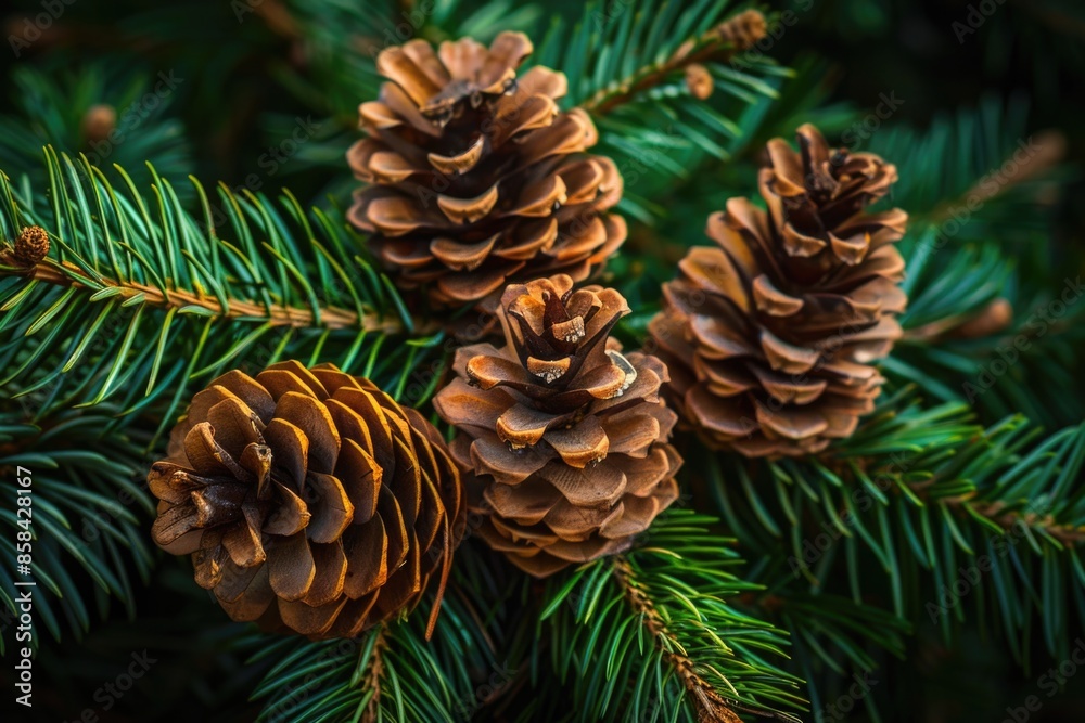 Fototapeta premium Beautiful Siberian Pine Cones on Tree Branch for Christmas Decoration