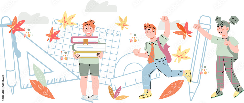 Back to school and kids education banner backdrop with school children characters. Happy cheerful school children. Back to school and kids education banner backdrop with school children characters. Happy cheerful school children.