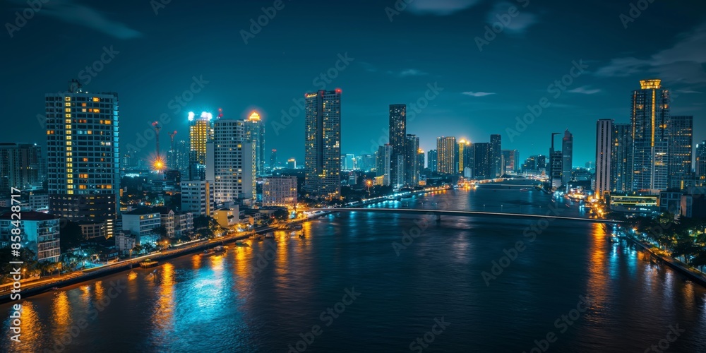 Fototapeta premium A captivating night view of a city skyline featuring illuminated skyscrapers and their reflections on the river, showcasing the bustling urban life and modern architecture.