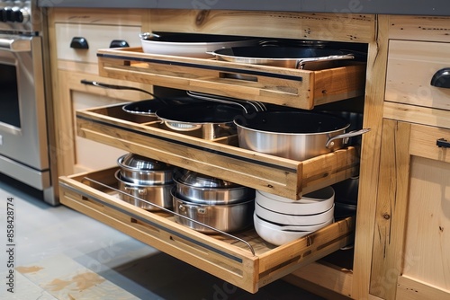 A space-saving vertical storage cabinet with pull-out racks for pots and pans photo