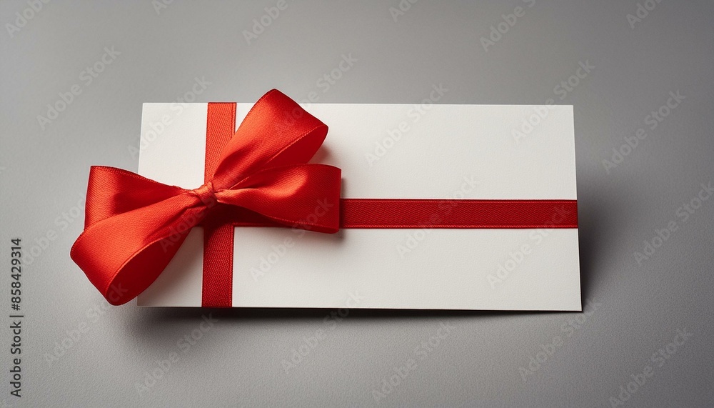 Blank white gift card with red ribbon bow isolated on grey background with shadow minimal conceptual Blank white gift card with red ribbon bow isolated on grey background with shadow minimal conceptual