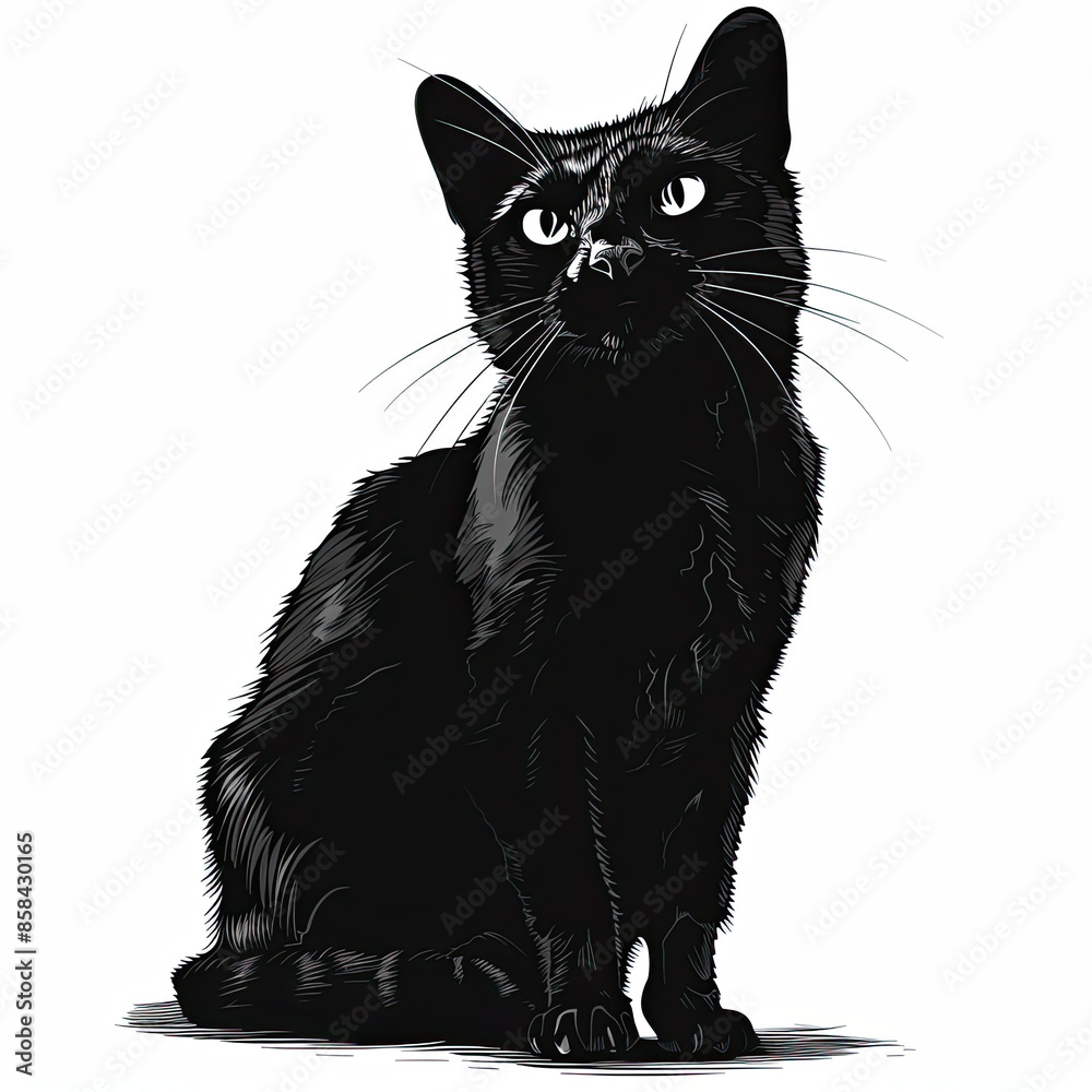 A black cat with white whiskers is sitting on a white background A black cat with white whiskers is sitting on a white background