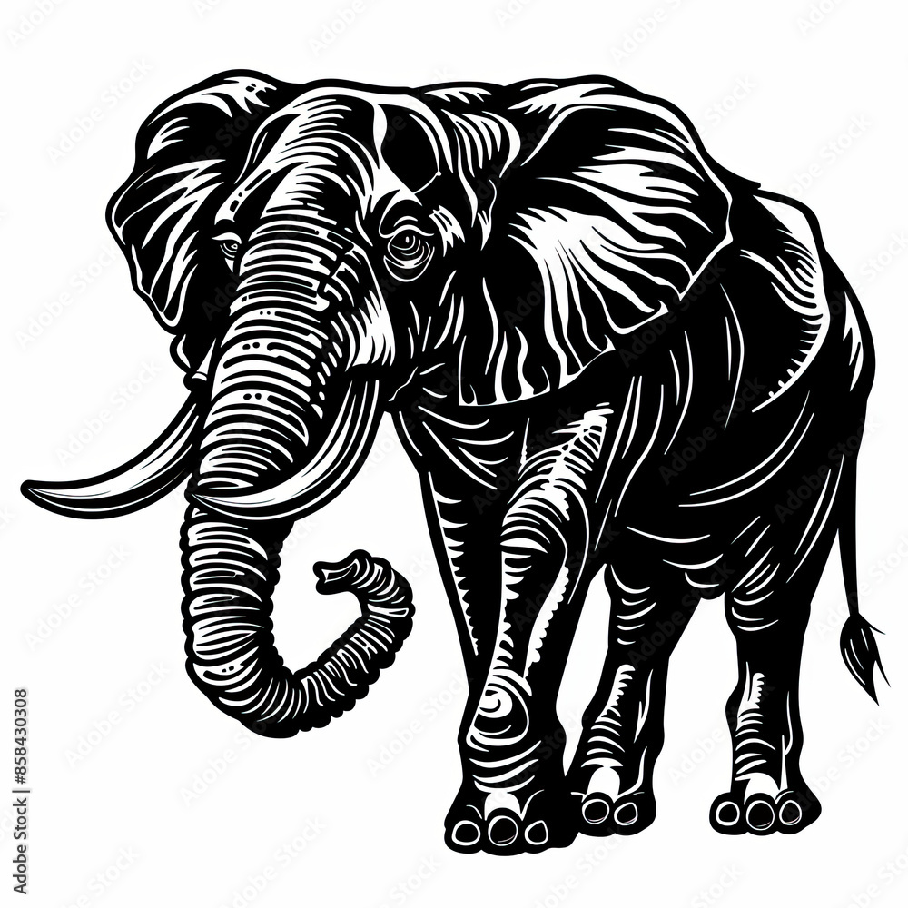 A black and white drawing of an elephant on a white background A black and white drawing of an elephant on a white background