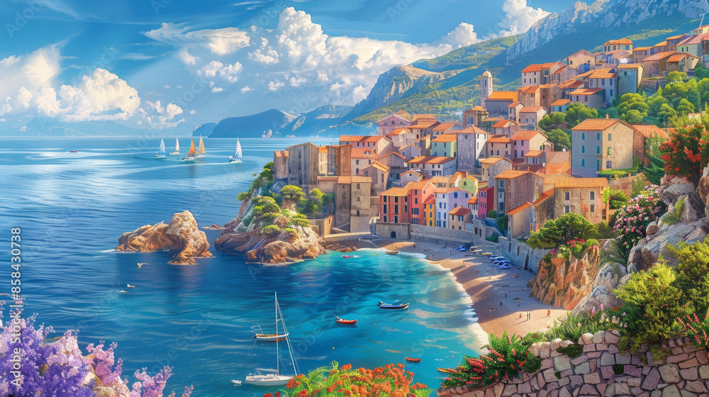 Fototapeta premium Beautiful small town on the sea, surrounded by sandy beaches and cliffs, houses with red roofs, boats in port