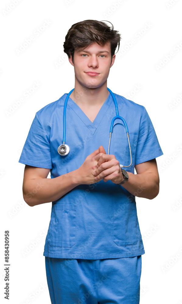 Young doctor wearing medical uniform over isolated background Hands together and fingers crossed smiling relaxed and cheerful. Success and optimistic Young doctor wearing medical uniform over isolated background Hands together and fingers crossed smiling relaxed and cheerful. Success and optimistic