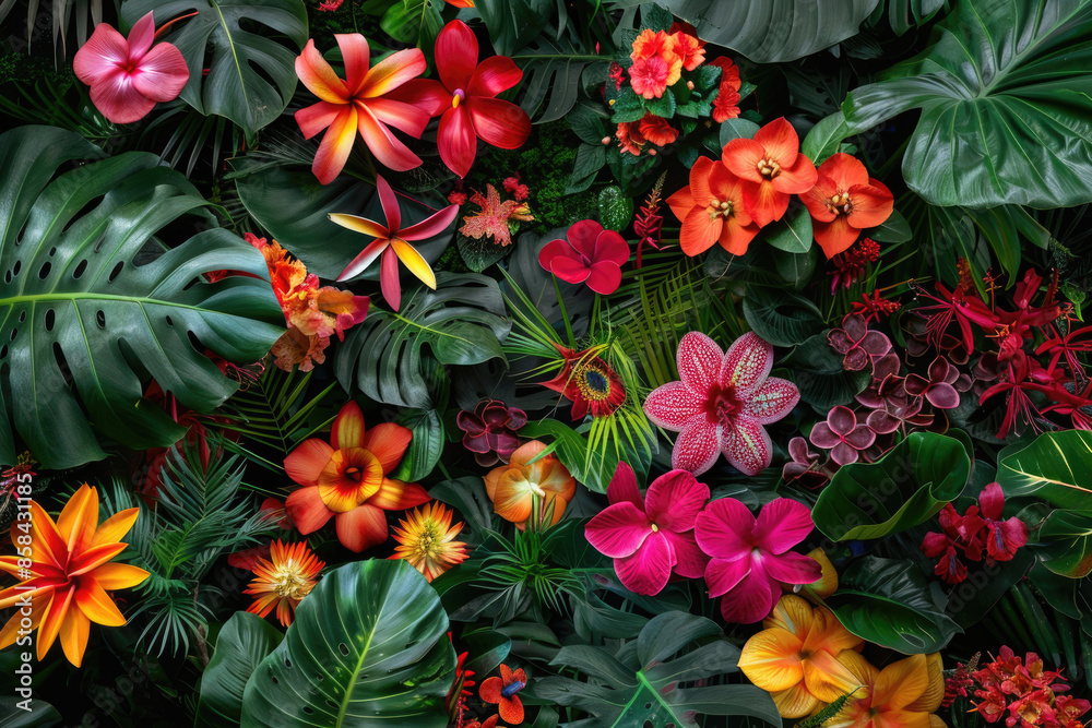 Naklejka premium A vibrant top-down view of a tropical garden filled with exotic flowers