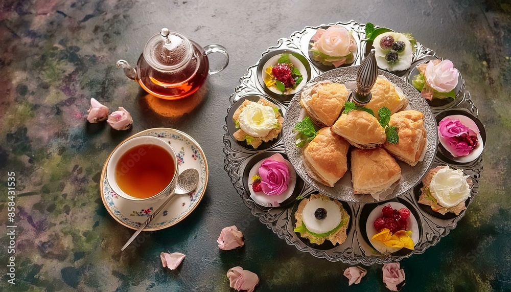 Depict a charming afternoon tea setting with tiered trays of finger sandwiches, scones Depict a charming afternoon tea setting with tiered trays of finger sandwiches, scones