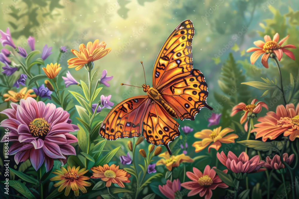 A butterfly flits from flower to flower, wings in motion, in a colorful garden A butterfly flits from flower to flower, wings in motion, in a colorful garden