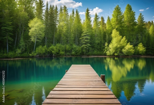 rustic wooden dock stretching out into serene lake waters, tranquil, nature, scenic, outdoors, countryside, landscape, calm, reflection, picturesque, idyllic