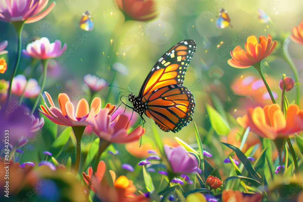 A butterfly flits from flower to flower, wings in motion, in a colorful garden