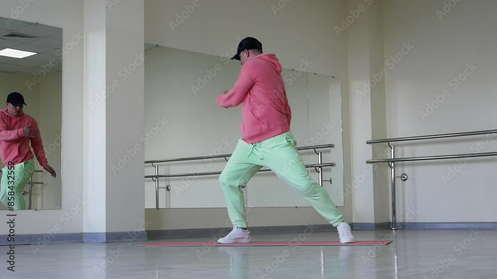 A dancer warming up in the fitness room with a bent leg swing. A young and handsome guy in a hoodie warms up during a workout on the mat. Warming up the body during training A dancer warming up in the fitness room with a bent leg swing. A young and handsome guy in a hoodie warms up during a workout on the mat. Warming up the body during training