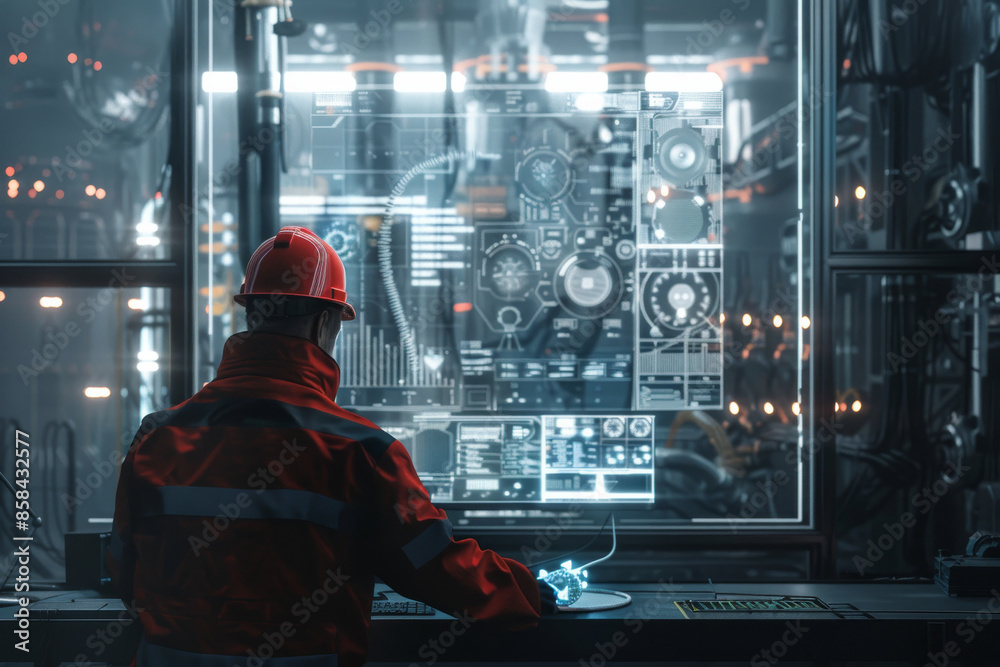 An engineer in a red work suit and hard hat analyzing a large digital display in a high-tech control room, emphasizing technology and precision. An engineer in a red work suit and hard hat analyzing a large digital display in a high-tech control room, emphasizing technology and precision.