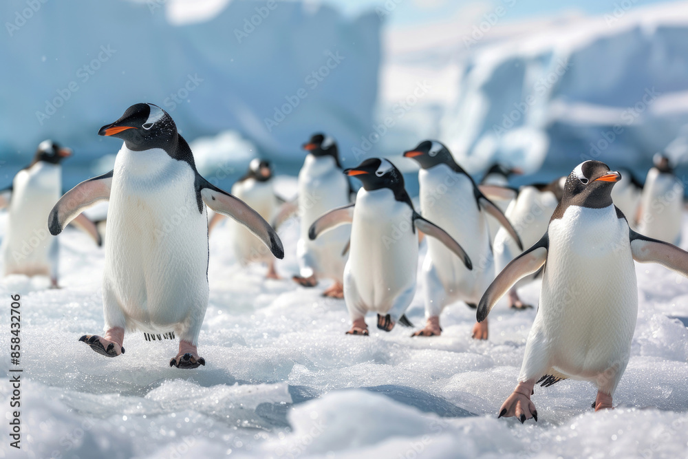 Obraz premium Penguins waddle across the ice, some sliding on their bellies, in an Antarctic scene
