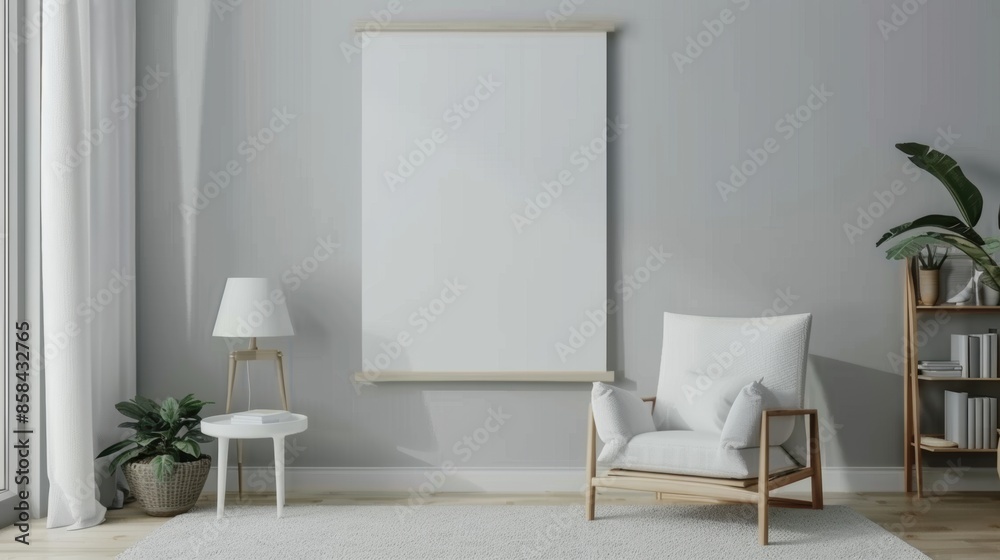 Modern living room interior mockup with white chair and blank canvas Modern living room interior mockup with white chair and blank canvas