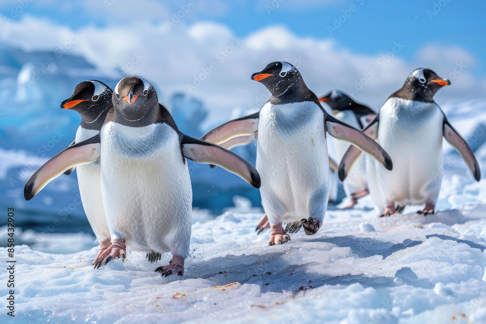 Fototapeta premium Penguins waddle across the ice, some sliding on their bellies, in an Antarctic scene