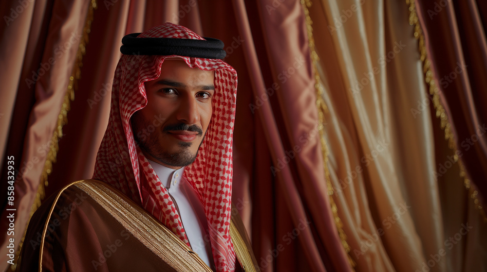 Obraz premium Dressed in traditional Arabic outfit, a standing and dynamic Arabic handsome guy posing by a luxurious velvet curtain, front light, smiling brightly and looking directly into the c