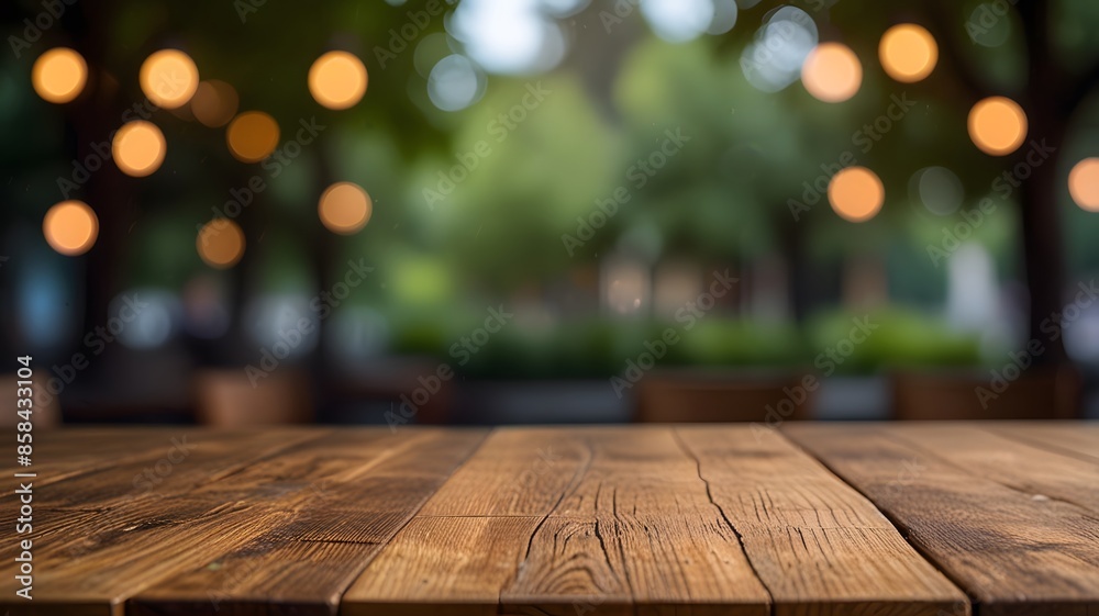 Empty wooden table top with lights bokeh on blurred restaurant background Empty wooden table top with lights bokeh on blurred restaurant background