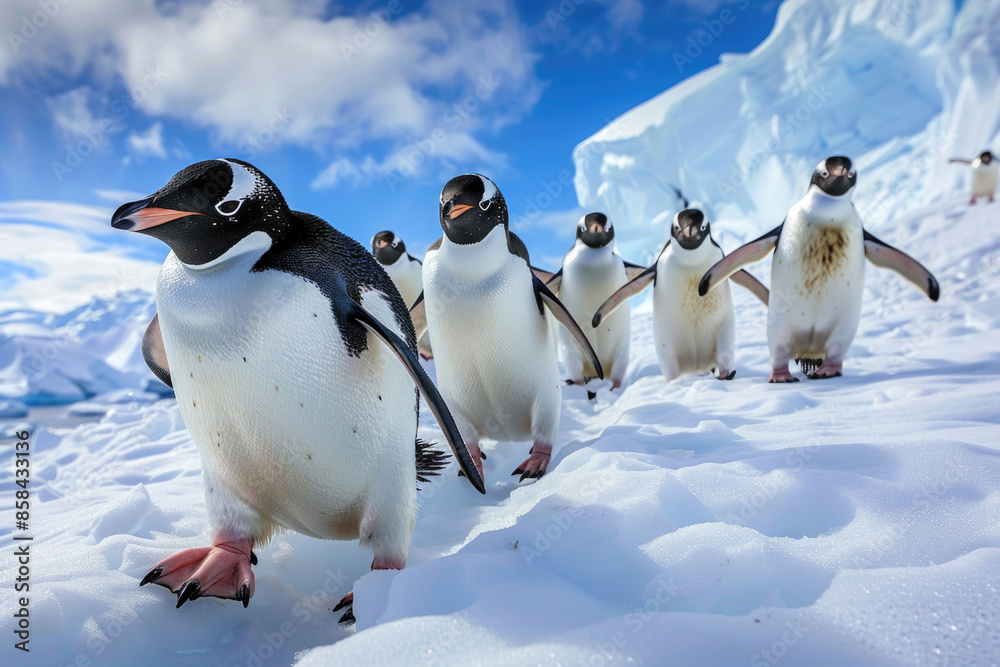 Fototapeta premium Penguins waddle across the ice, some sliding on their bellies, in an Antarctic scene