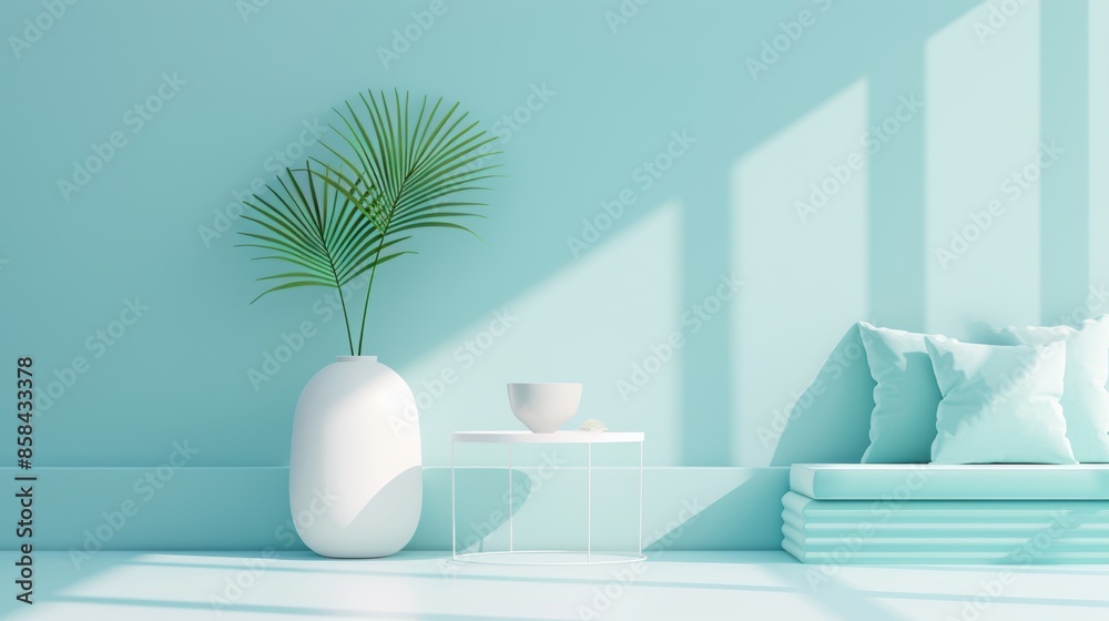 A modern apartment interior in shades of blue, featuring minimalist furniture and decor that create a sense of spaciousness and tranquility. The image offers plenty of copy space for customization. A modern apartment interior in shades of blue, featuring minimalist furniture and decor that create a sense of spaciousness and tranquility. The image offers plenty of copy space for customization.